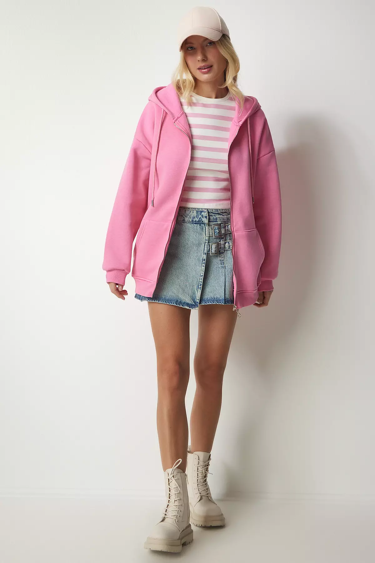 Happiness Istanbul Pink Hoodie with Zipper Oversized Sweatshirt