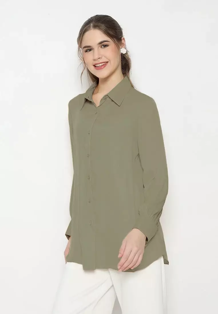 Plain Shirt Sage Green With Long Sleeve By Brilliant Girl Warna HIJAU