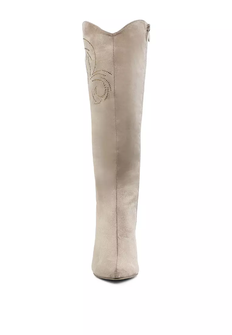 Rhinestone Patterned Calf Boots in Beige