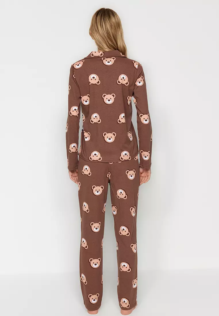 Brown 100% Cotton Teddy Bear Patterned Shirt-Pants Knitted Pajama Set Thmaw24Pt00002