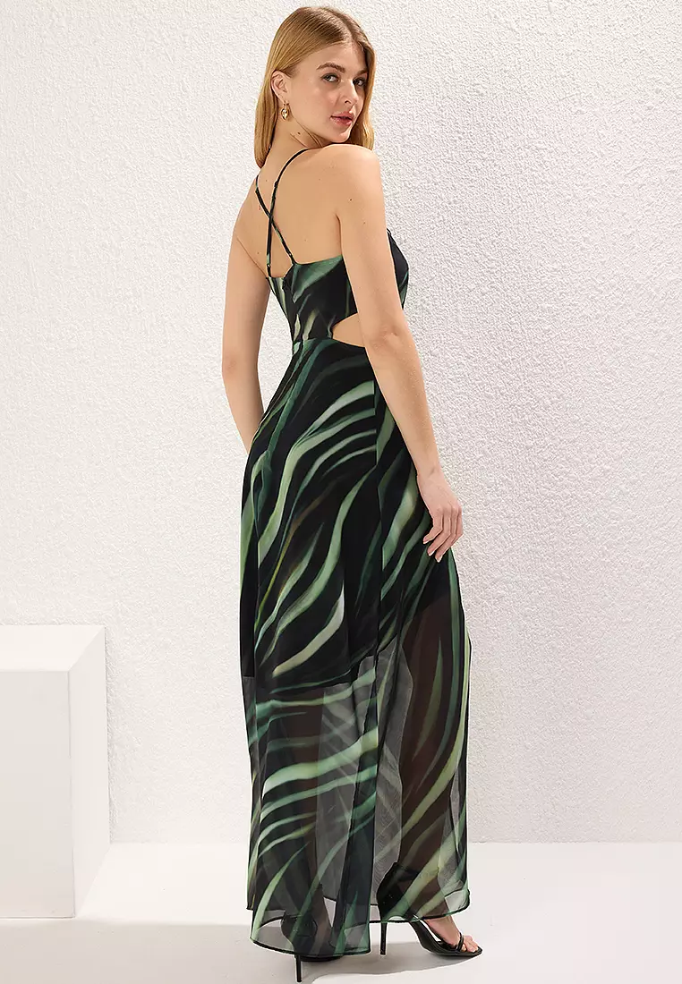 Green A-Line Lined Window/Cut Out Detailed Maxi Woven Dress