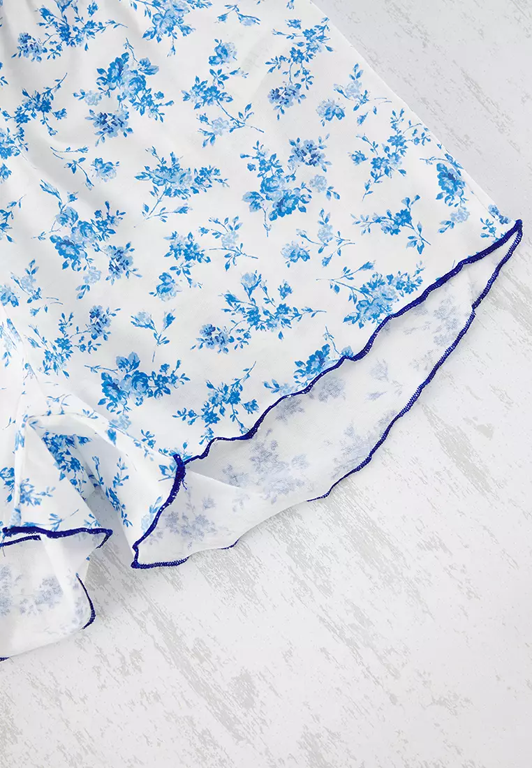 Blue Floral Ribbon/Bow Knitted Pajama Set with Rope Suspender Shorts THMSS24PT00320