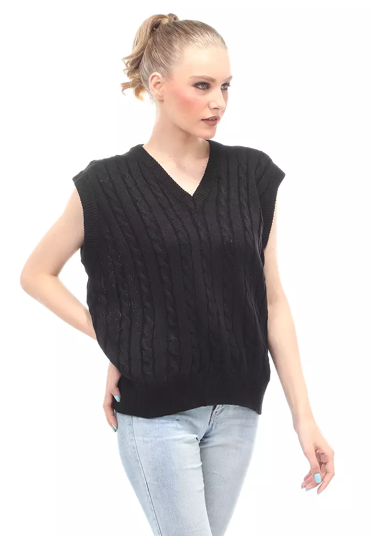 Urice Vest Rajut Atasan Wanita V-neck Sleeves Design Elegant - Black