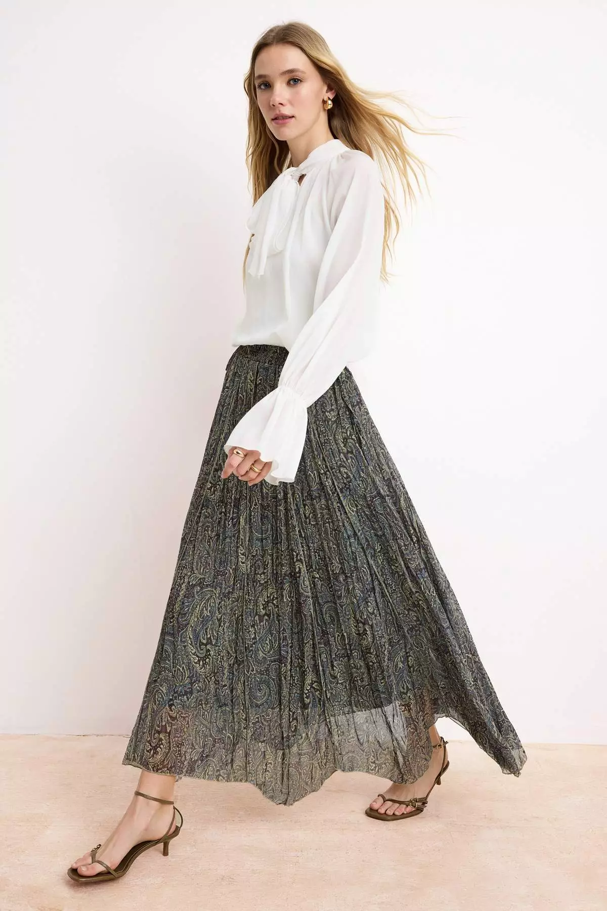 Khaki Chiffon Pleated Lined Ethnic Patterned Maxi Skirt Tctss26Ee00007