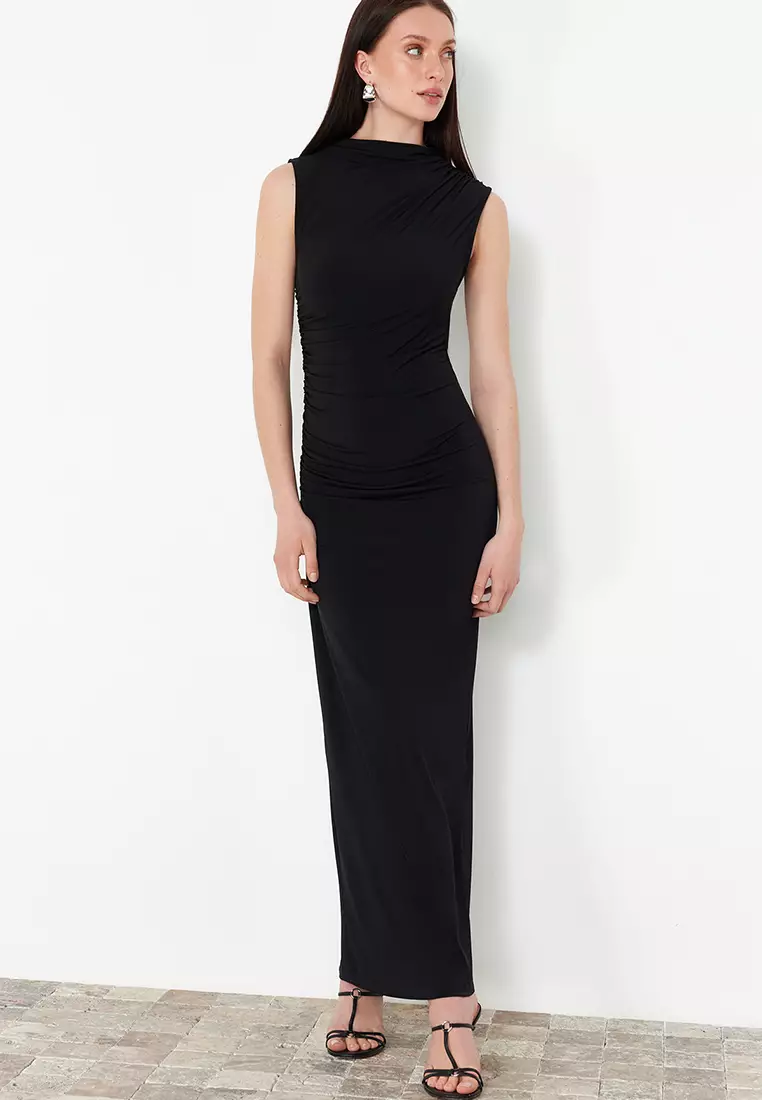 Draped High Neck Sleeveless Maxi Dress