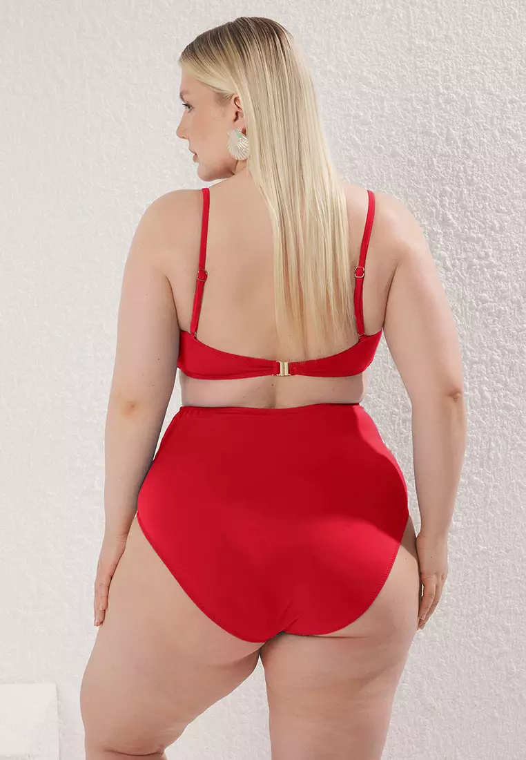 Red High Waist Accessory Detail Plus Size Bikini Bottoms TBBSS25CR00000