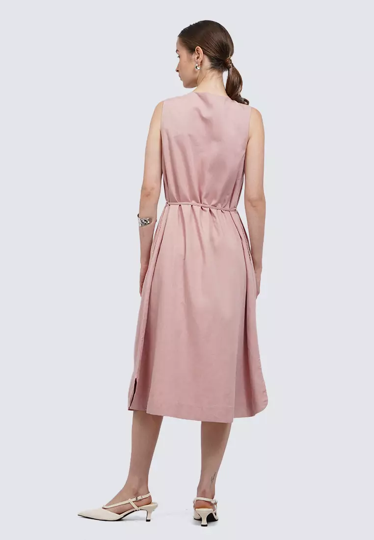 V-Neck Belted Sleeveless Midi Dress DUSTY PINK