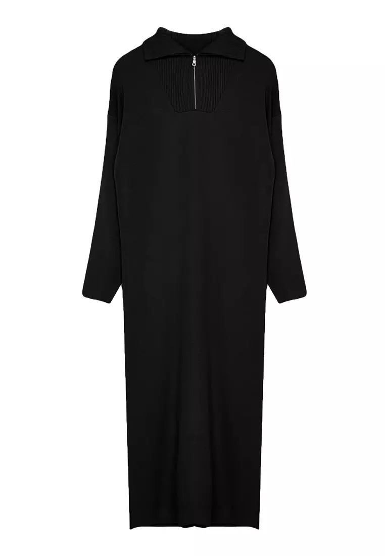 Black Comfortable Fit Basic Knitwear Dress with Zipper Collar TCTAW25EB00013