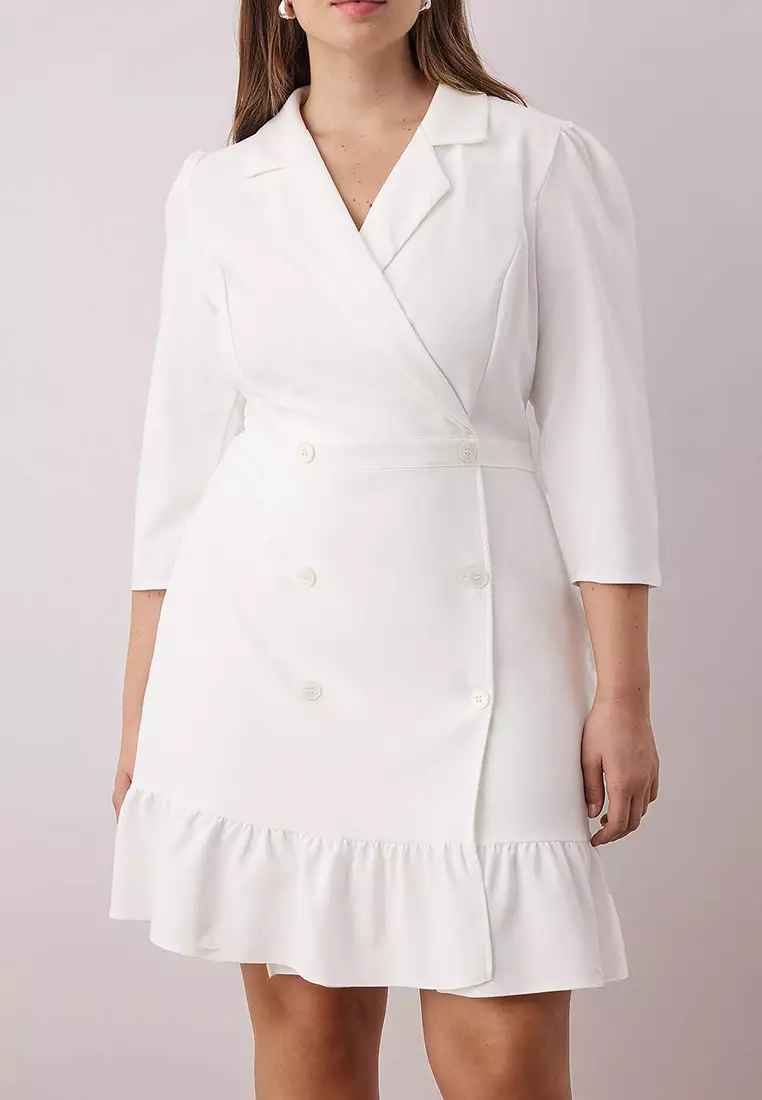Ecru Plus Size Unlined Three Quarter Sleeve Mini Woven Jacket Dress