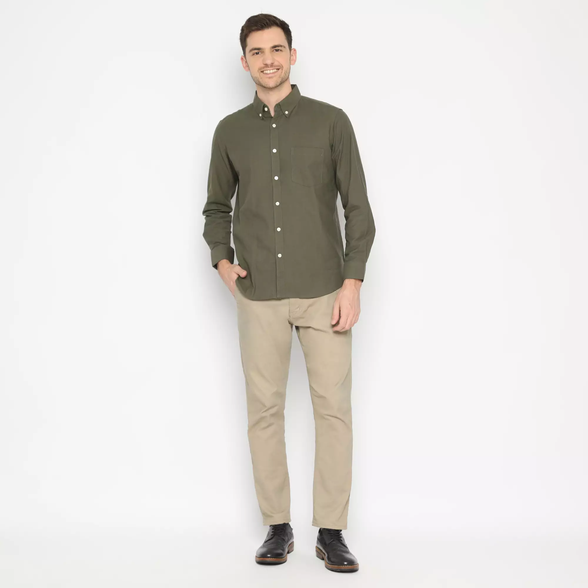 Platini Kemeja Pria Polos Lengan Panjang Katun Oxford Hijau Army 66210