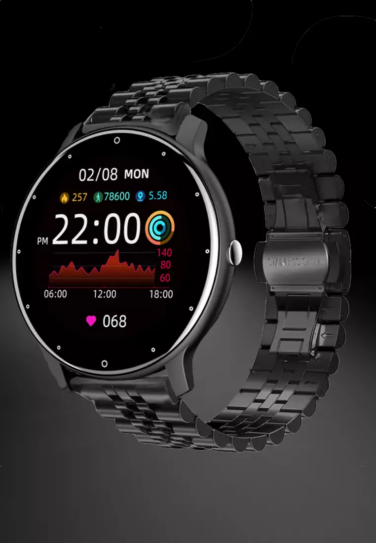 Unisex IOS/Android Black SmartWatch with Stainless Steel Bracelet + 1 Free Black Rubber Strap