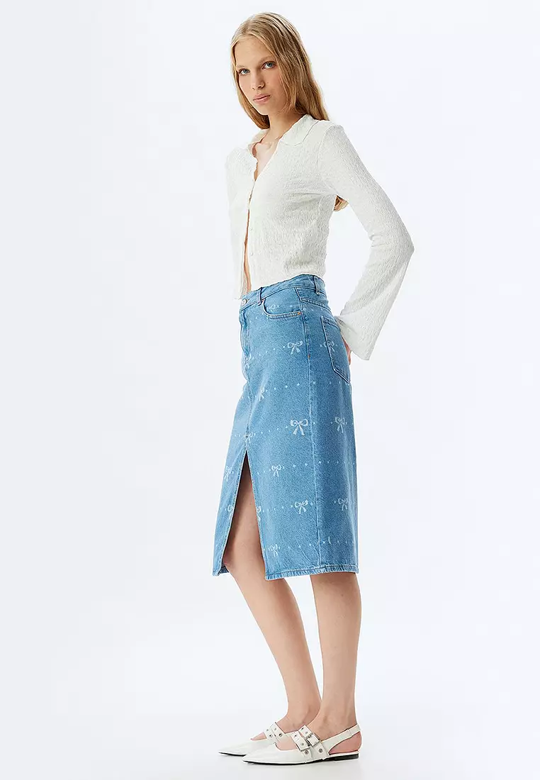 Midi Denim Skirt High Waist Slit Detail Bow Pattern Buttoned