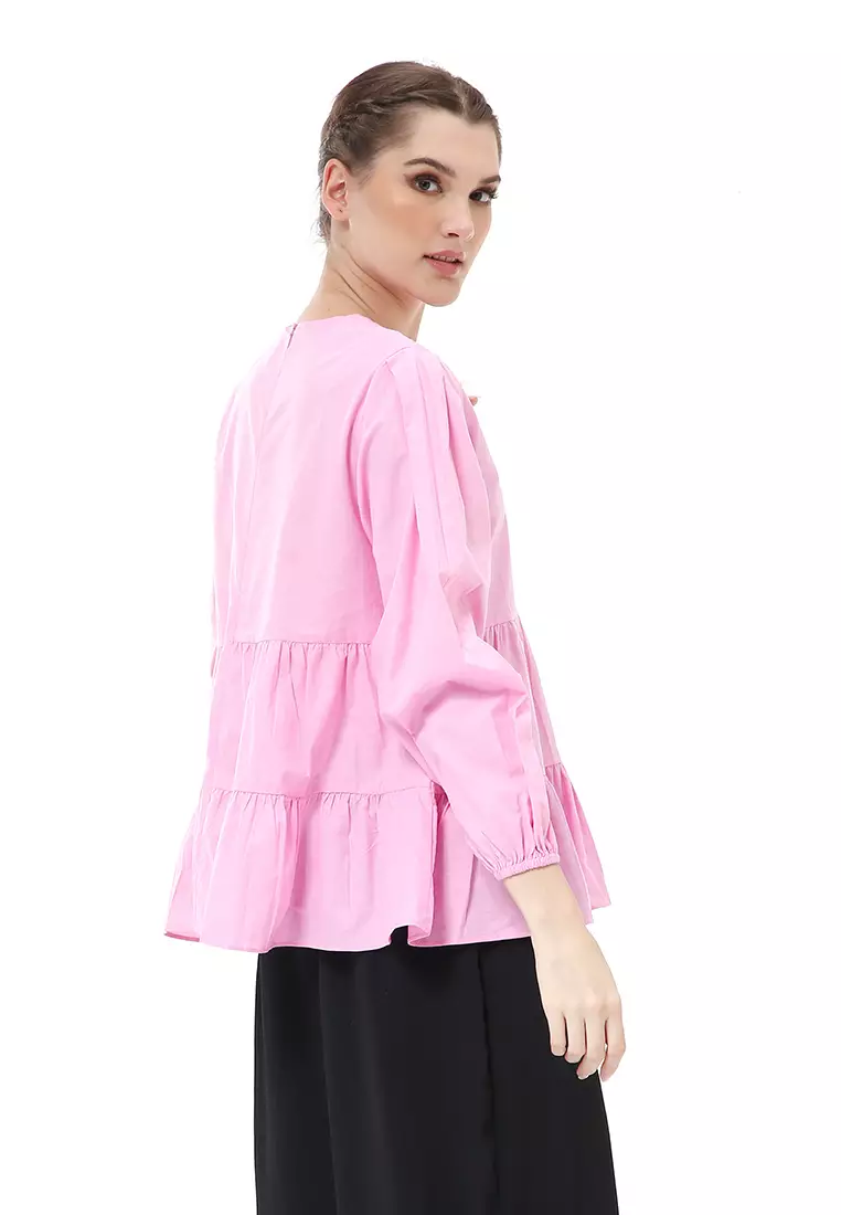 Albertine Blouse Balon Atasan Wanita Lengan Panjang Simple Design Material Katun Poplin ORIGINAL - Pink