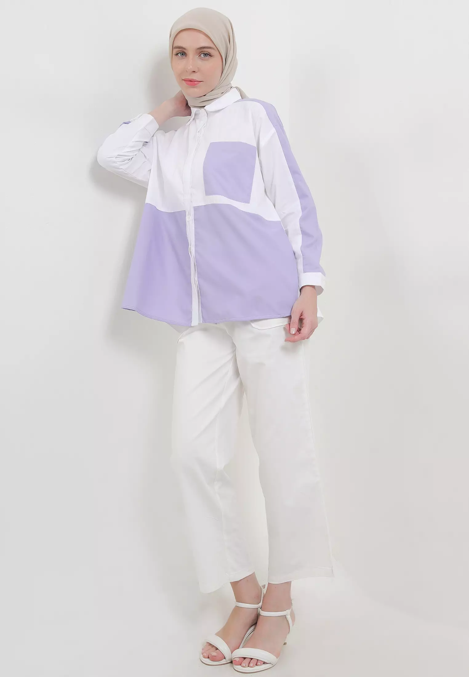 MFMW Brenada Atasan Kemeja White Kombinasi Purple