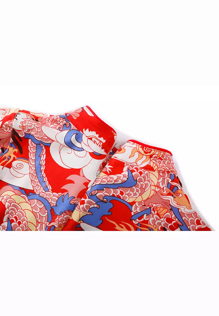 女童紅藍龍印花漢服唐裝旗袍裙新年拜年衣服