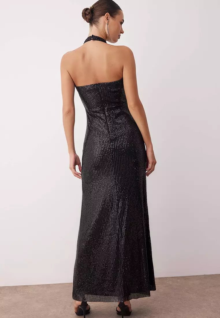 Sequin Cowl Neck Evening Dress