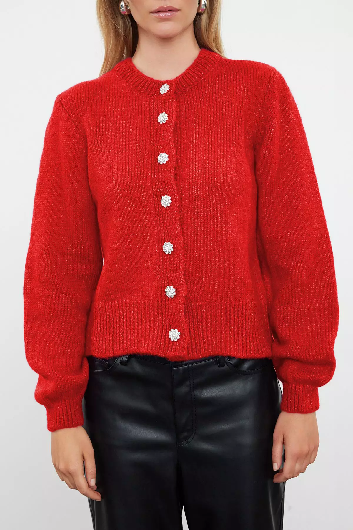 石榴花柔軟紋理寶石鈕扣外套造型針織外套