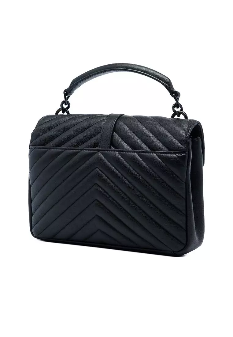 Pre-Loved Saint Laurent Medium Chevron Sheepskin  Monogram Monochrome College Bag