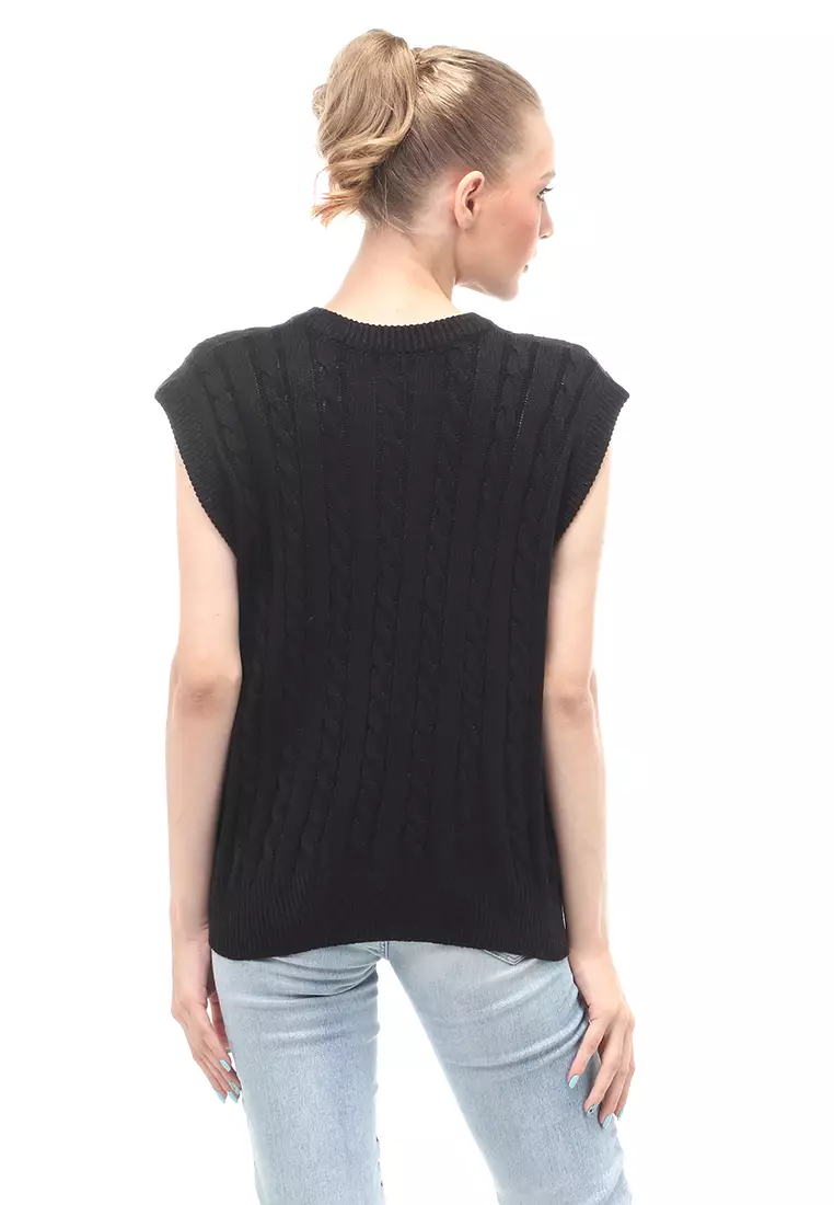 Urice Vest Rajut Atasan Wanita V-neck Sleeves Design Elegant - Black