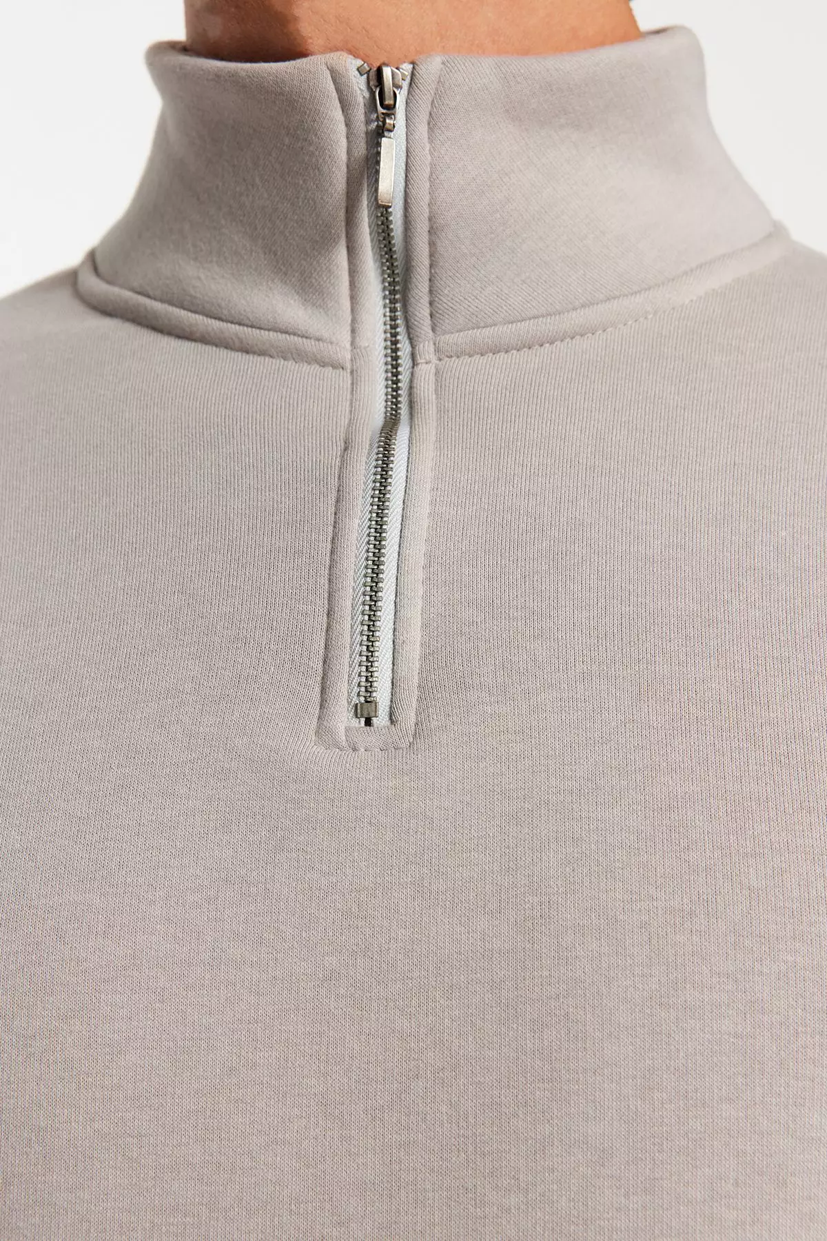 Grey Regular/Normal Cut Stand Collar Zippered Cotton Basic Inside Polar Fleece Sweatshirt TMNAW24SW00041