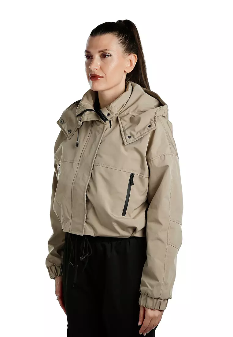 Drawstring Cropped Woven Jacket in Khaki