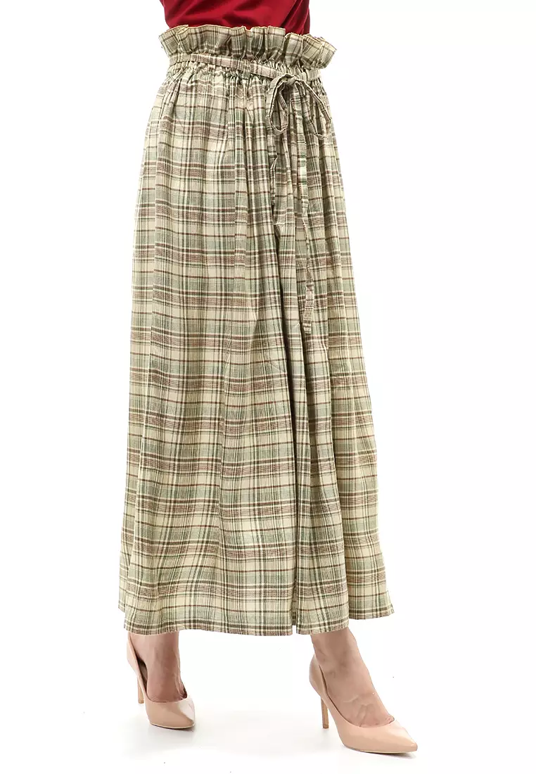 Amel Long Skirt Bawahan Wanita Motif Kotak-Kotak Regular Fit - Cream