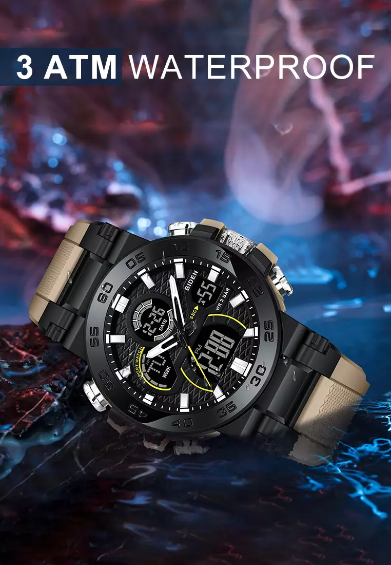 Jam Tangan Pria Original Analog & Digital Multifungsi Olahraga Tali Silikon Anti Air Jam Tangan Cowok Khaki