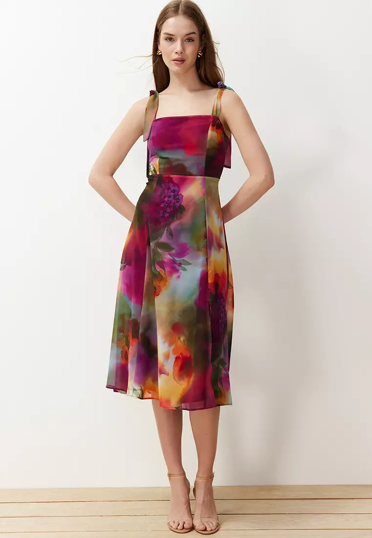 Tie Straps Floral Chiffon Dress