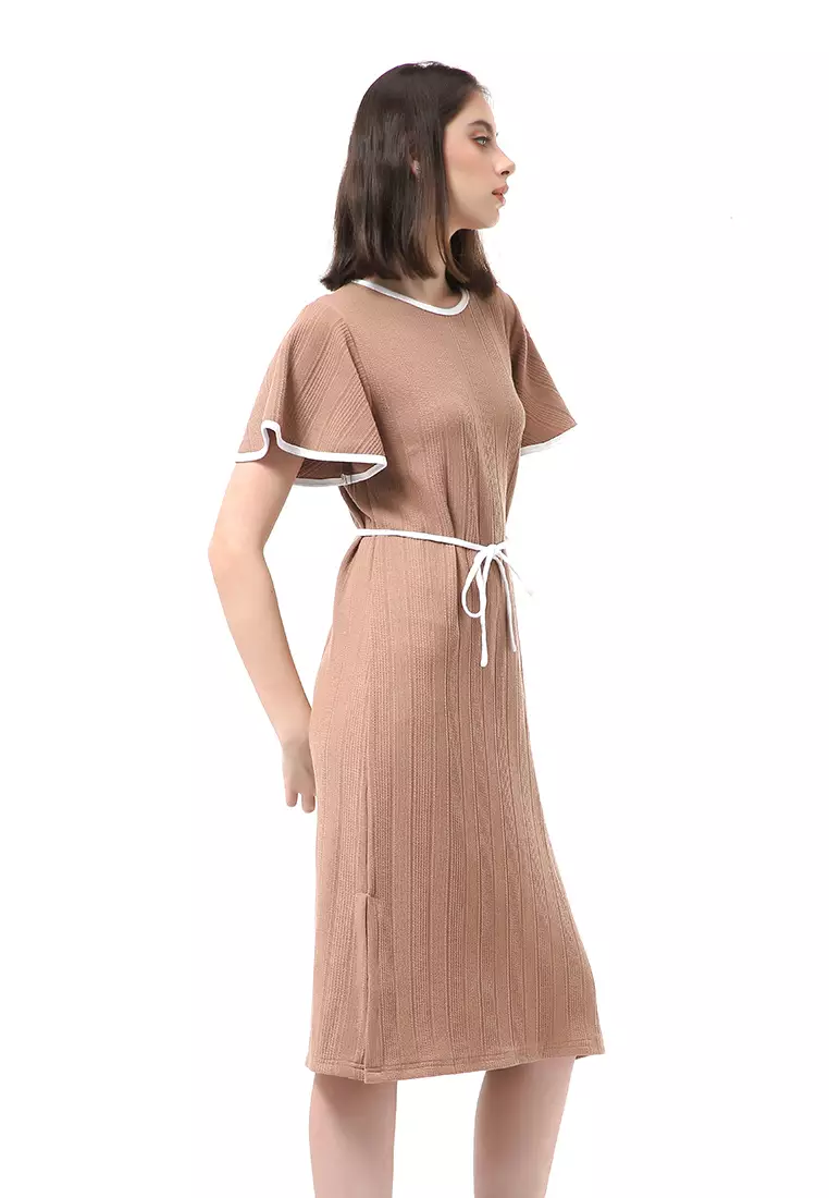Rachel Dress Wanita Lengan Pendek Model Tali Pinggang Plain Motive Material Curly Kinit ORIGINAL - Brown