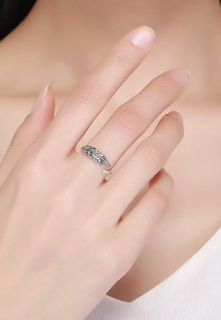 Solid 925 Sterling Silver Antiqued Angel Feather Ring