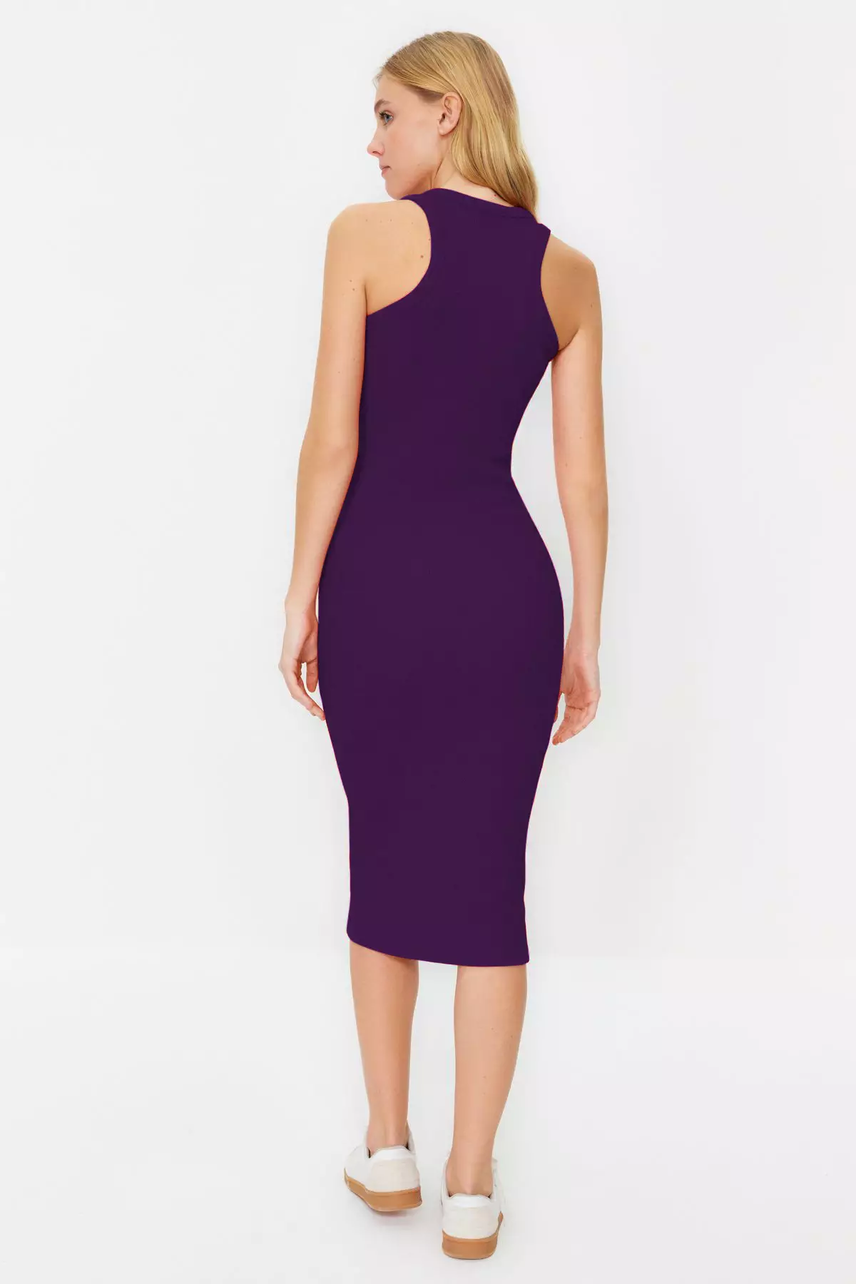 Purple Ribbed Bodycone/Body Sitting Crew Neck Stretchy Midi Knitted Pencil Dress Twoss22El1575