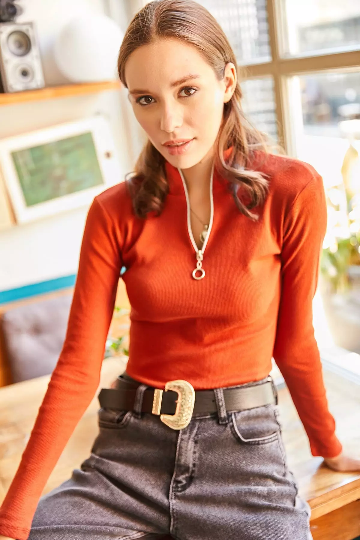 Women's Tile Zippered Turtleneck Lycra Blouse Blz-19001155