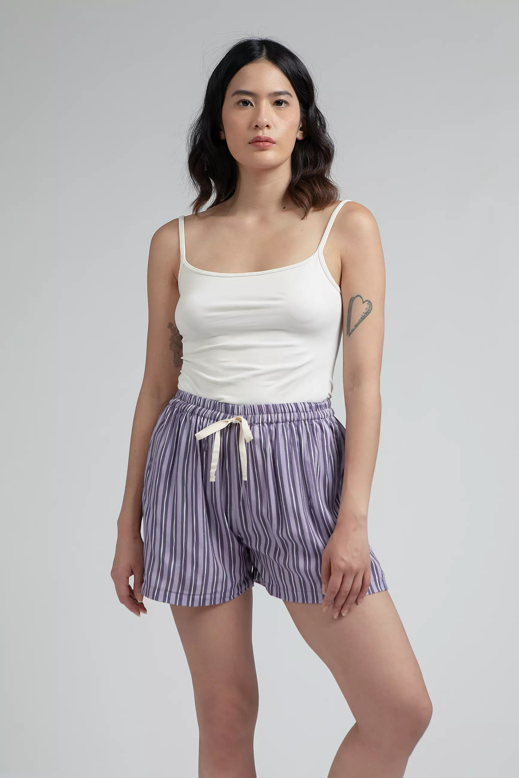 Piyama Set Wanita Lengan Pendek Katun Ecovero | SARE Studio Sleepwear MANGGIS set in Lilac Salur