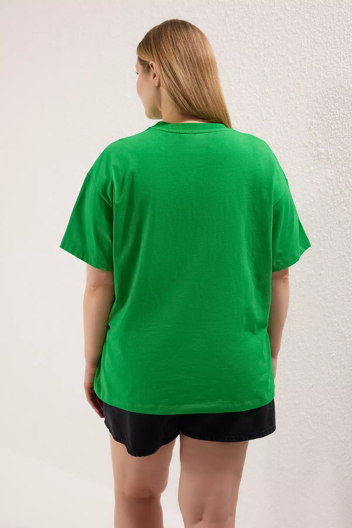 Green Collar Ribbed Wide Pattern Basic 100% Cotton Knitted T-shirt TBBSS23BF00017