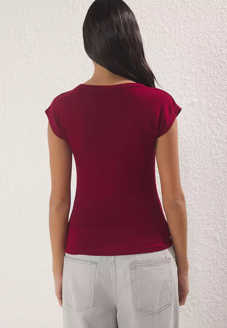 Claret Red Premium Viscose/Soft Fabric Fitted/Body-Sit Moon Sleeve Flexible Knitted Blouse TWOSS23BZ00992