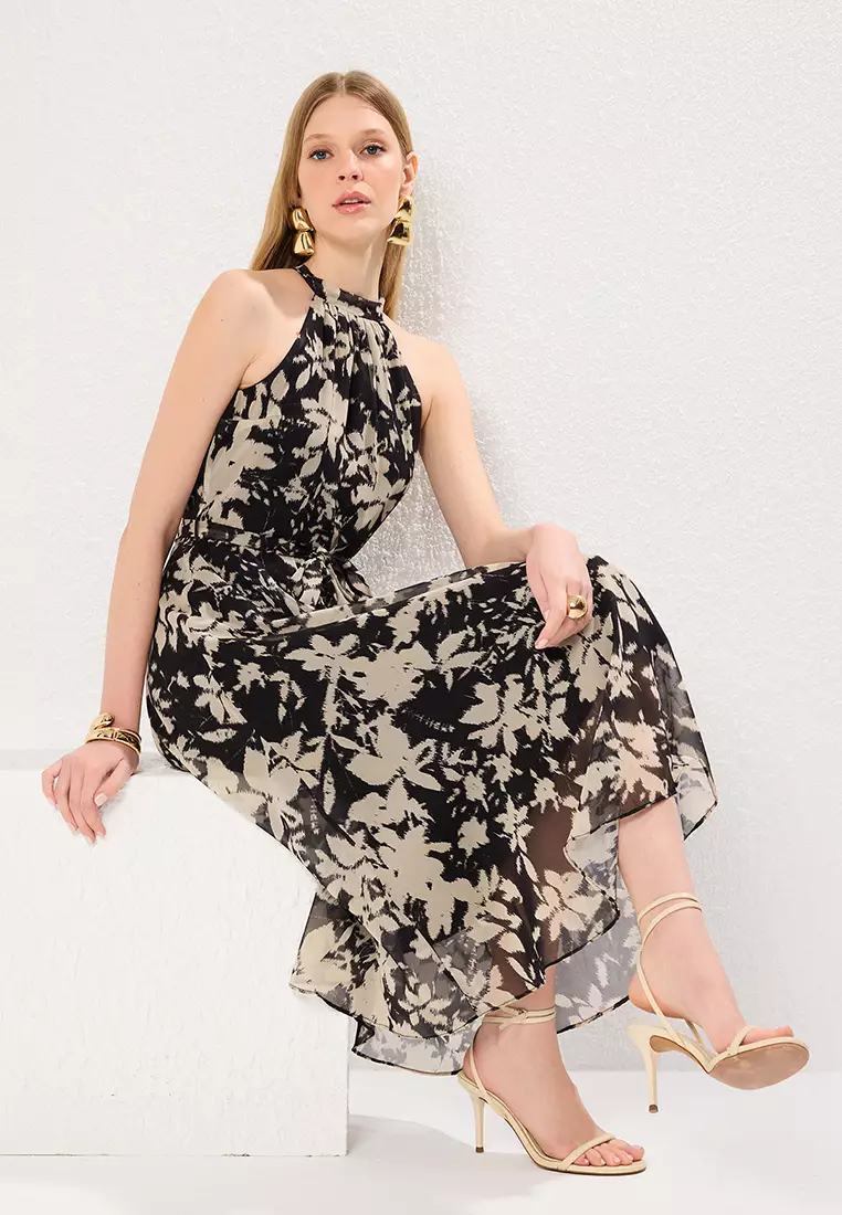 Black Belted Floral Belted Midi Woven Dress