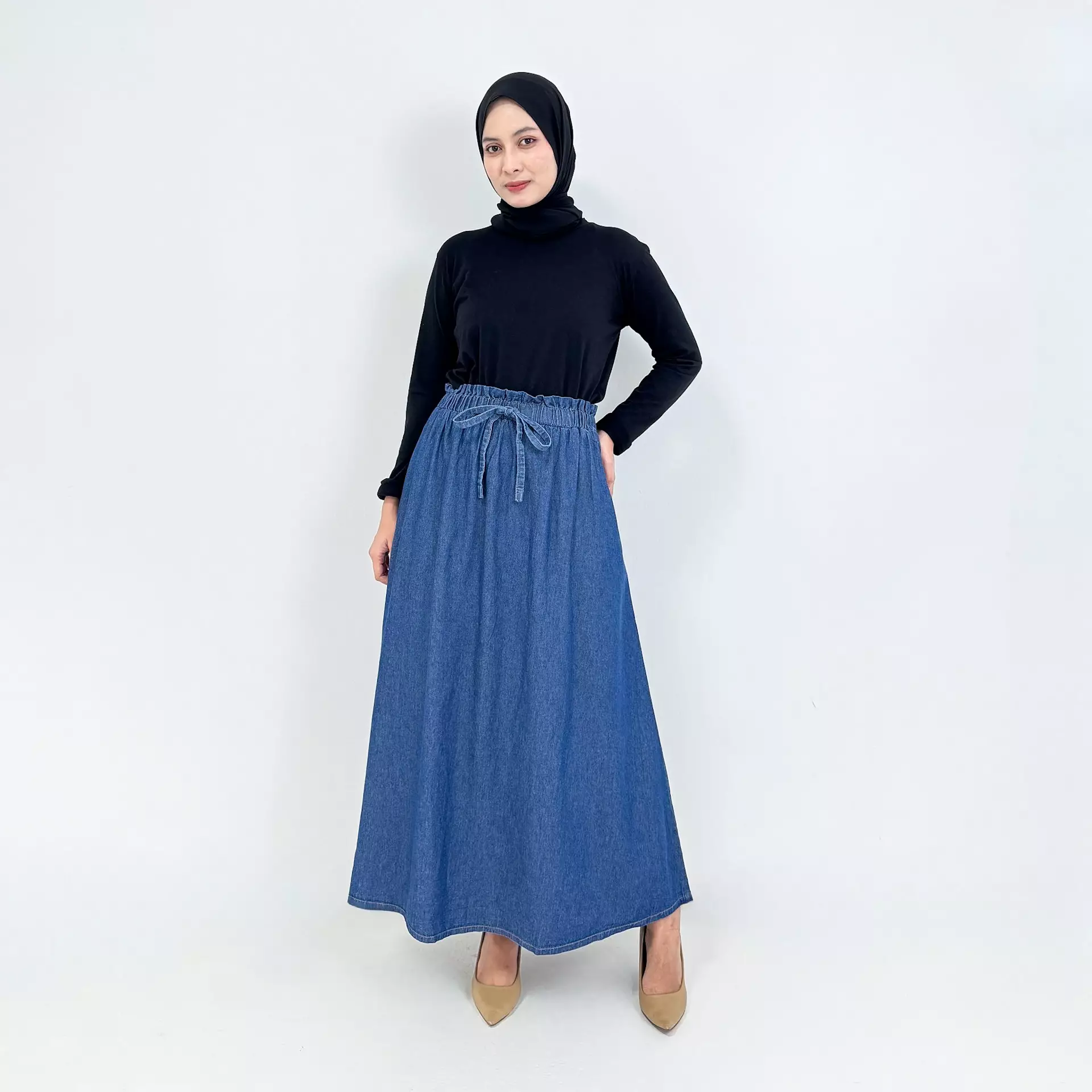 Tiara Rok Panjang Jeans Wanita  [BIRU TUA] Maxi Fit 90 Kg
