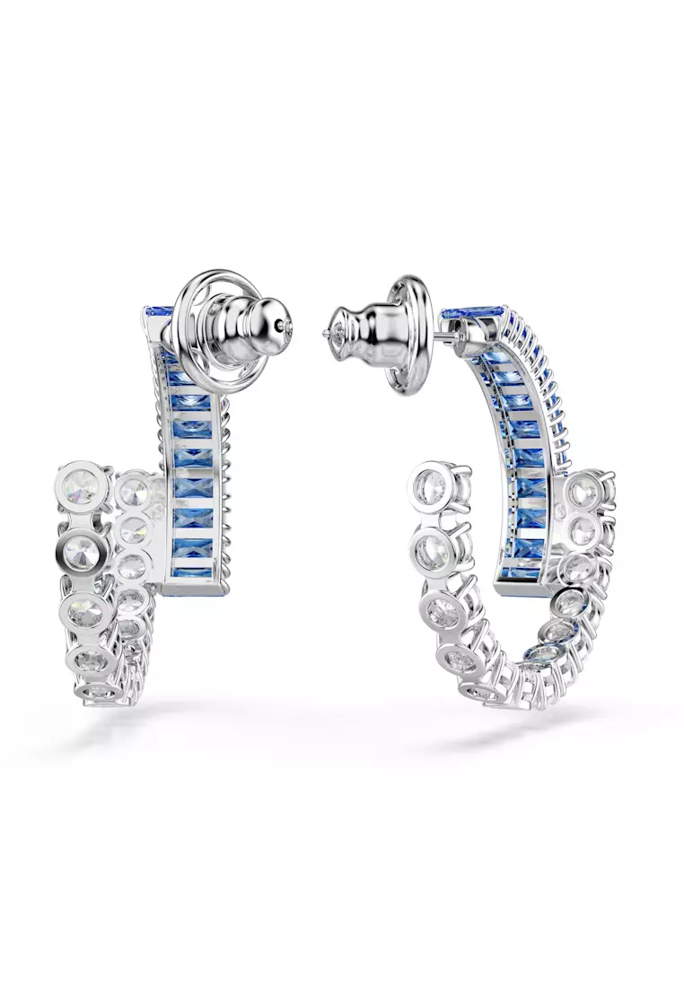 Matrix hoop earrings, Mixed cuts, Blue, Rhodium plated