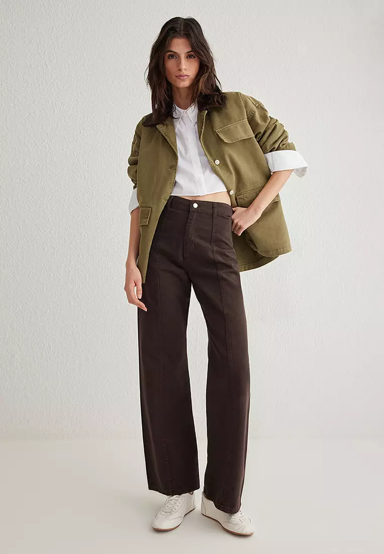 Brown Stitch Detail High Waist Wide Leg Jeans TWOSS25JE00034