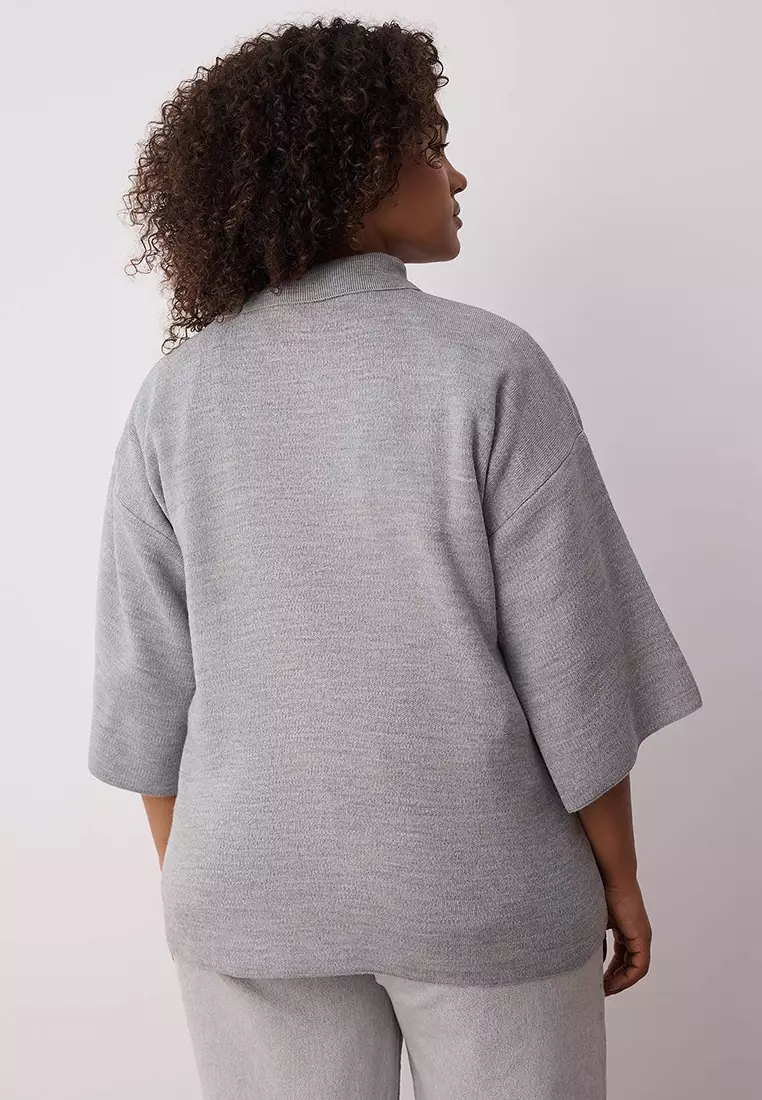 Gray Polo Collar Zipper Detailed Knitwear Sweater Tbbaw23An00056