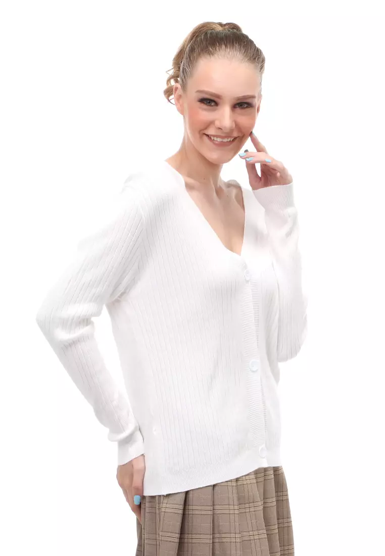 Yardley Cardigan Atasan Wanita Long Sleeves Motif Salur Front Button Opening - Putih