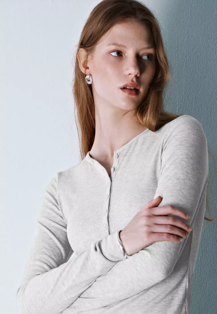 Plain Ribbed Slim-fit Long-sleeved T-shirt