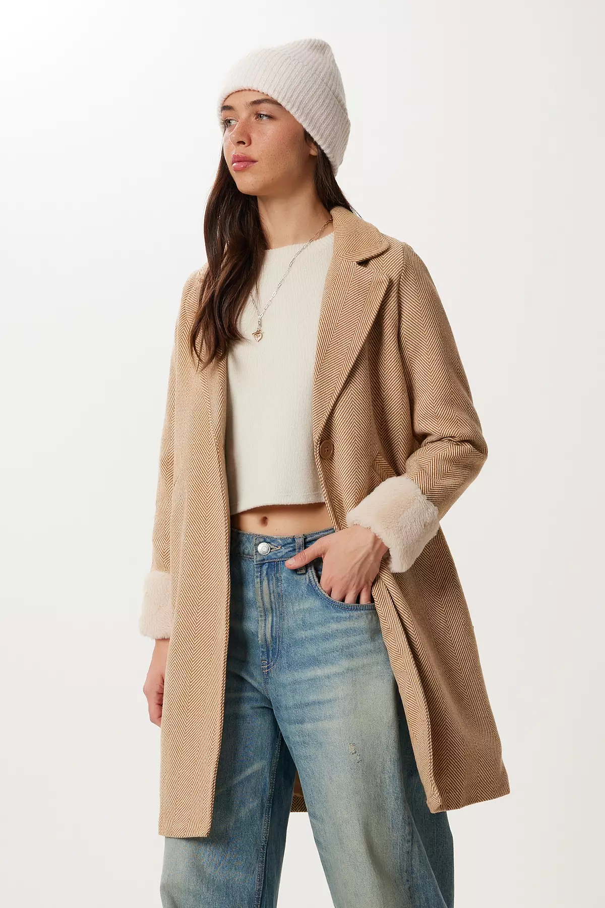 Women's Biscuit Double Breasted Collar Fur Cashmere Coat Dd01367