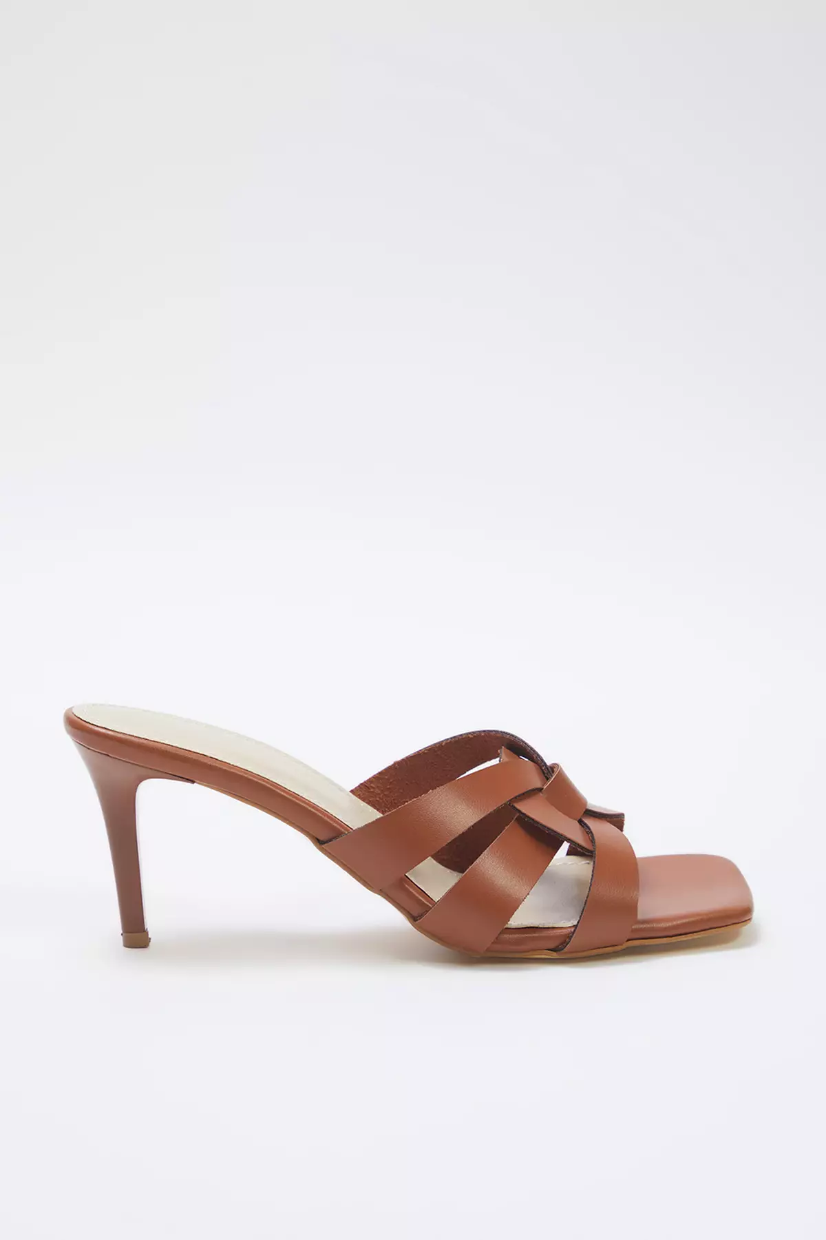 Tan Square Toe Women Thin Heels Slippers Takss25To00083