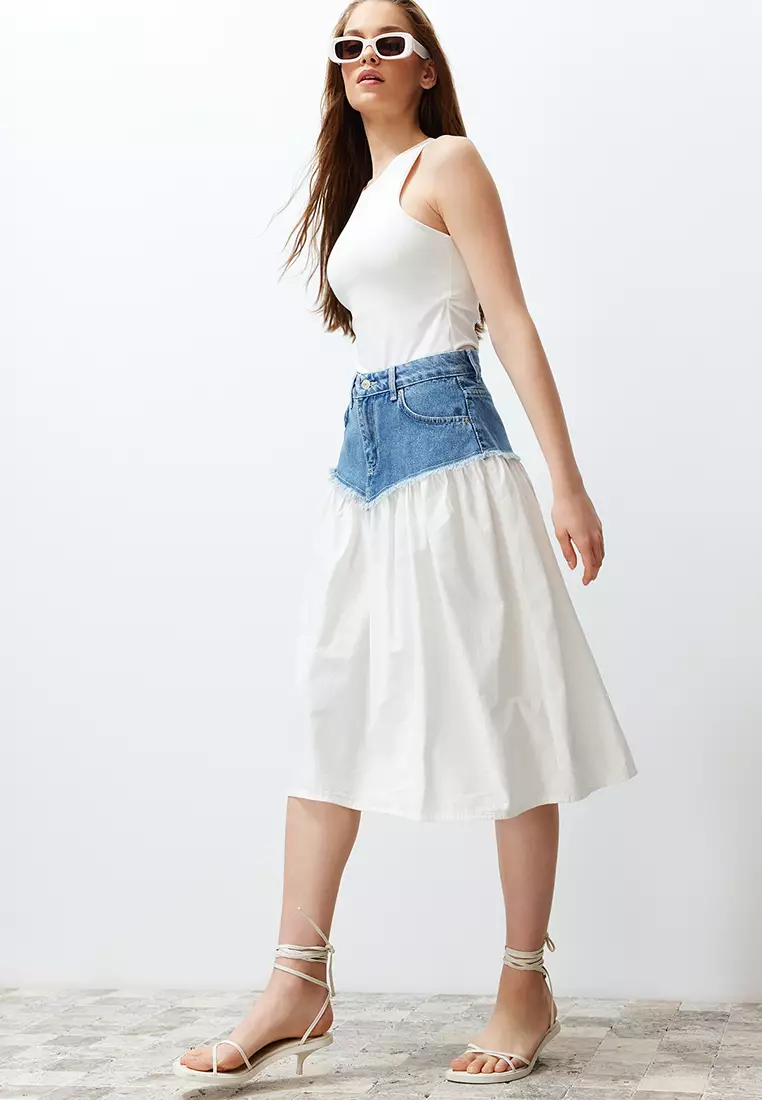 Mid Washed Denim Midi Skirt