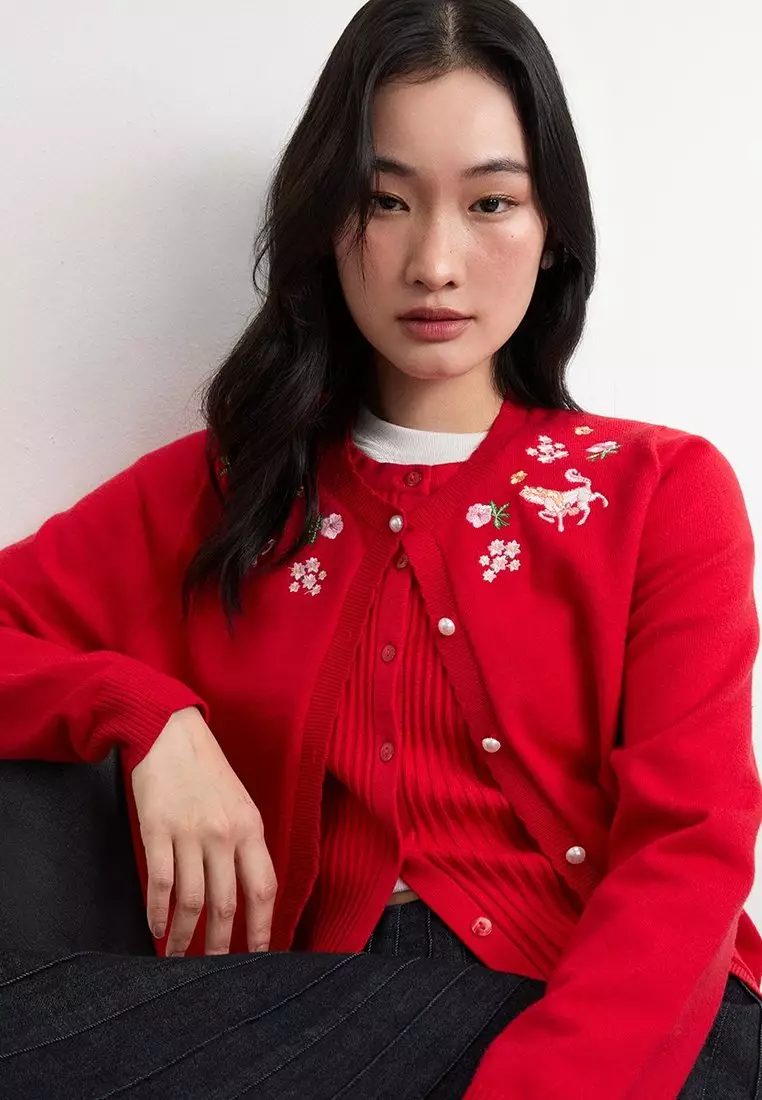 Embroidered Horse Cardigan - Red