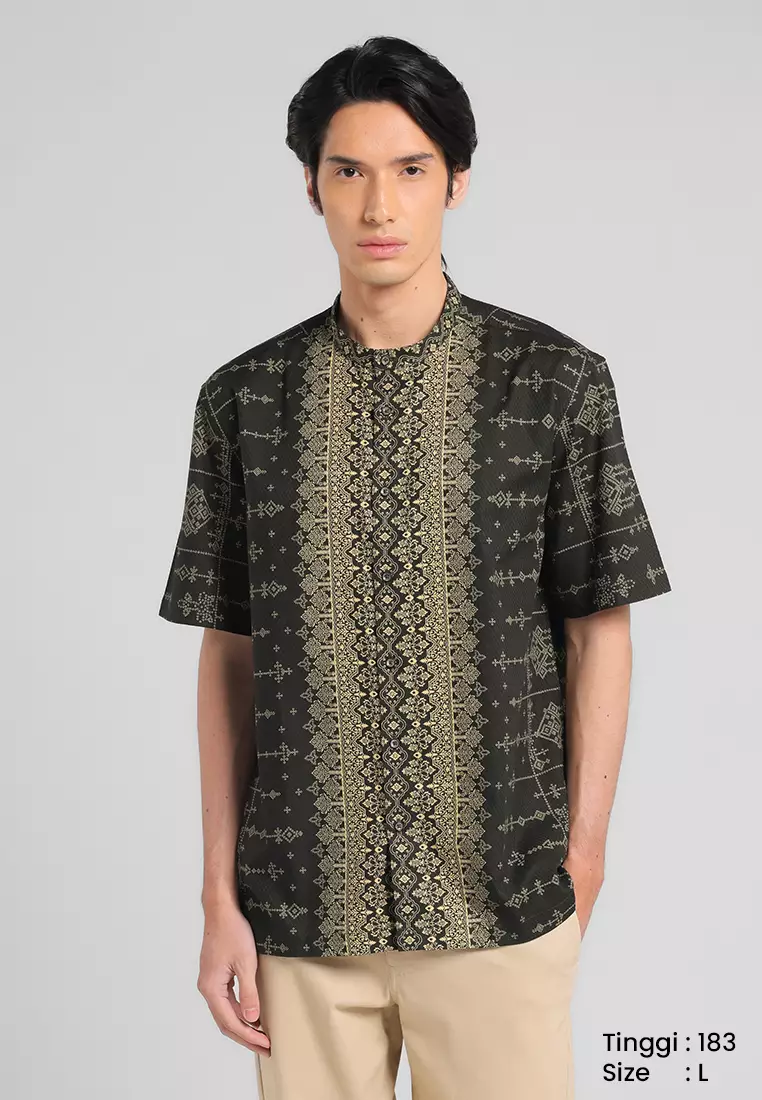 MANZONE - Atheer SS - Kemeja Koko Shanghai Lengan Pendek Pria - Green Dark Warna Green_Dark