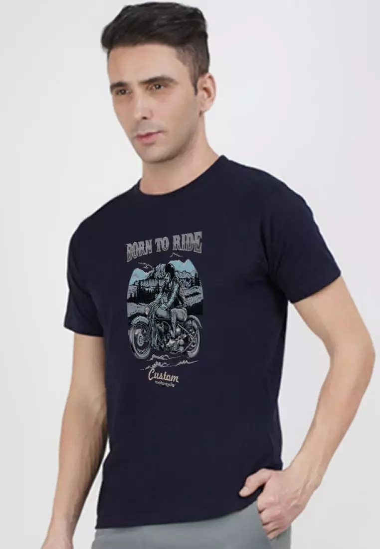 Born to Ride Navy Blue Cotton Short Sleeve Crew Neck Relaxed Tee