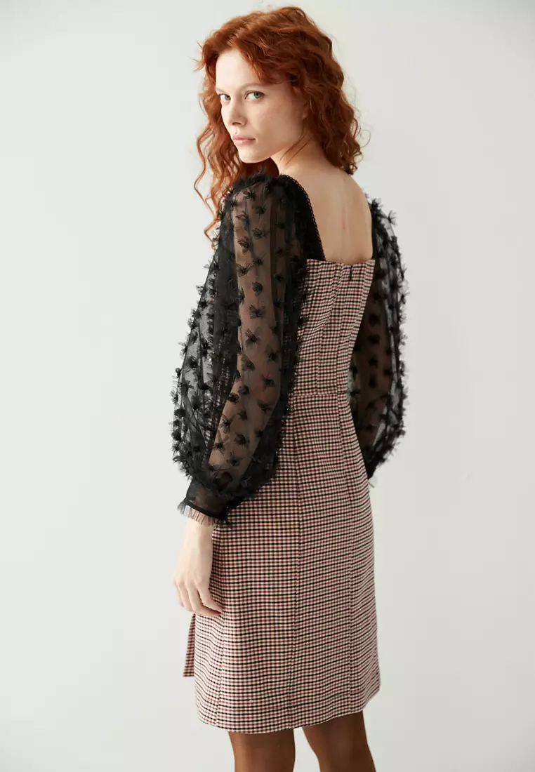 Checkered Print Dress With Mesh Sleeves