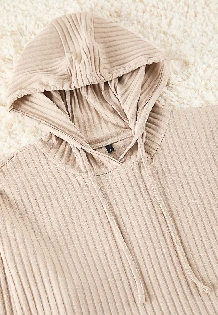 Dark Beige Hooded Ribbed Knitted Pajama Set THMAW22AU0334